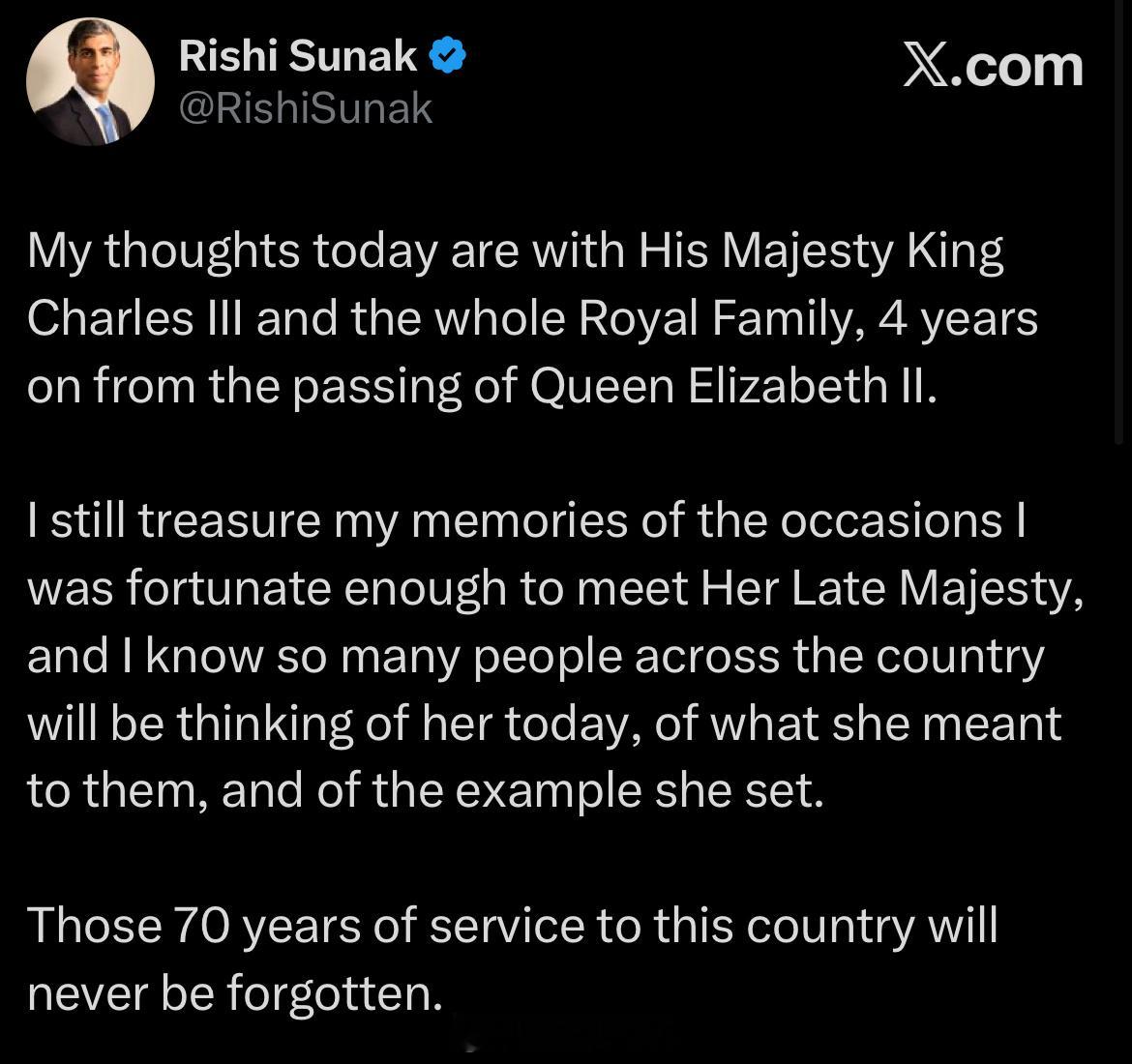 前首相Rishi Sunak发文纪念忌日和登基日。 ​​​