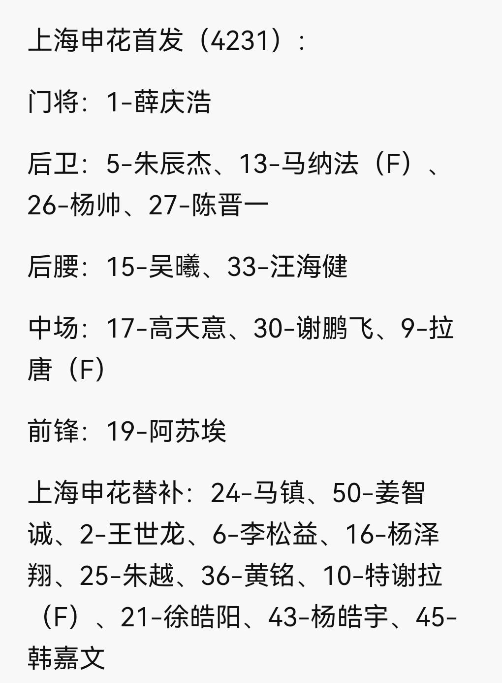 申花首发出炉！特谢拉进入大名单！今天上了三外援！也算最近最强阵容了！接下来就看场