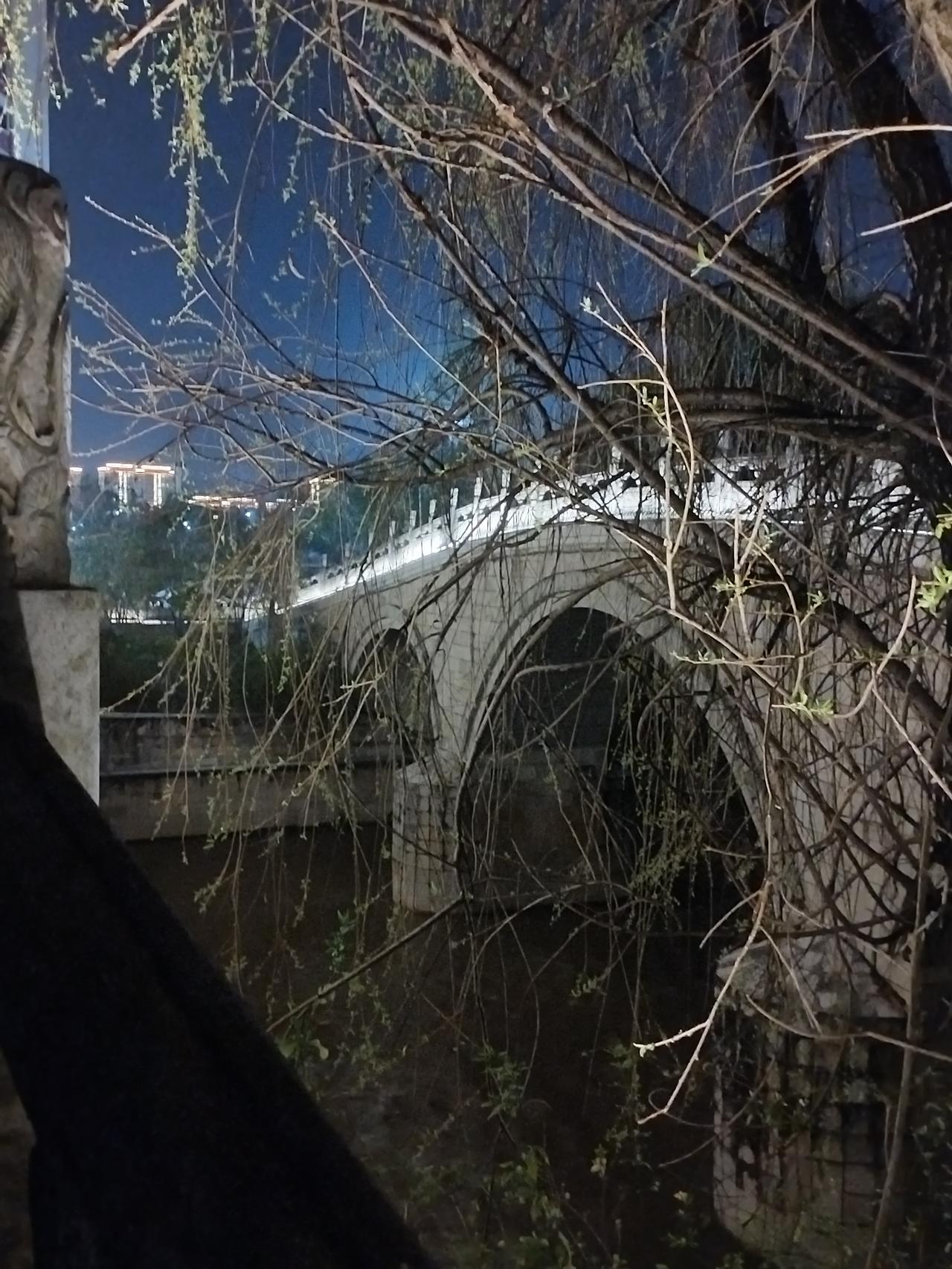 夜晚的桥上，灯光映照，静谧而美丽。