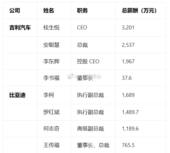 汽车公司高管薪酬，几千万上亿元。最低的仅三十几万汽场全开 新能源汽车