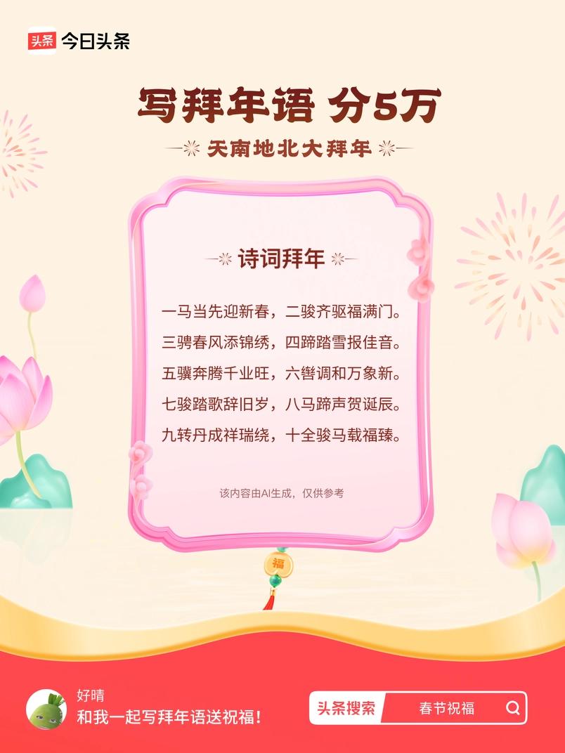 写拜年语送祝福新春拜年送祝福！我的祝福是：“一马当先迎新春，二骏齐驱福满门。三骋