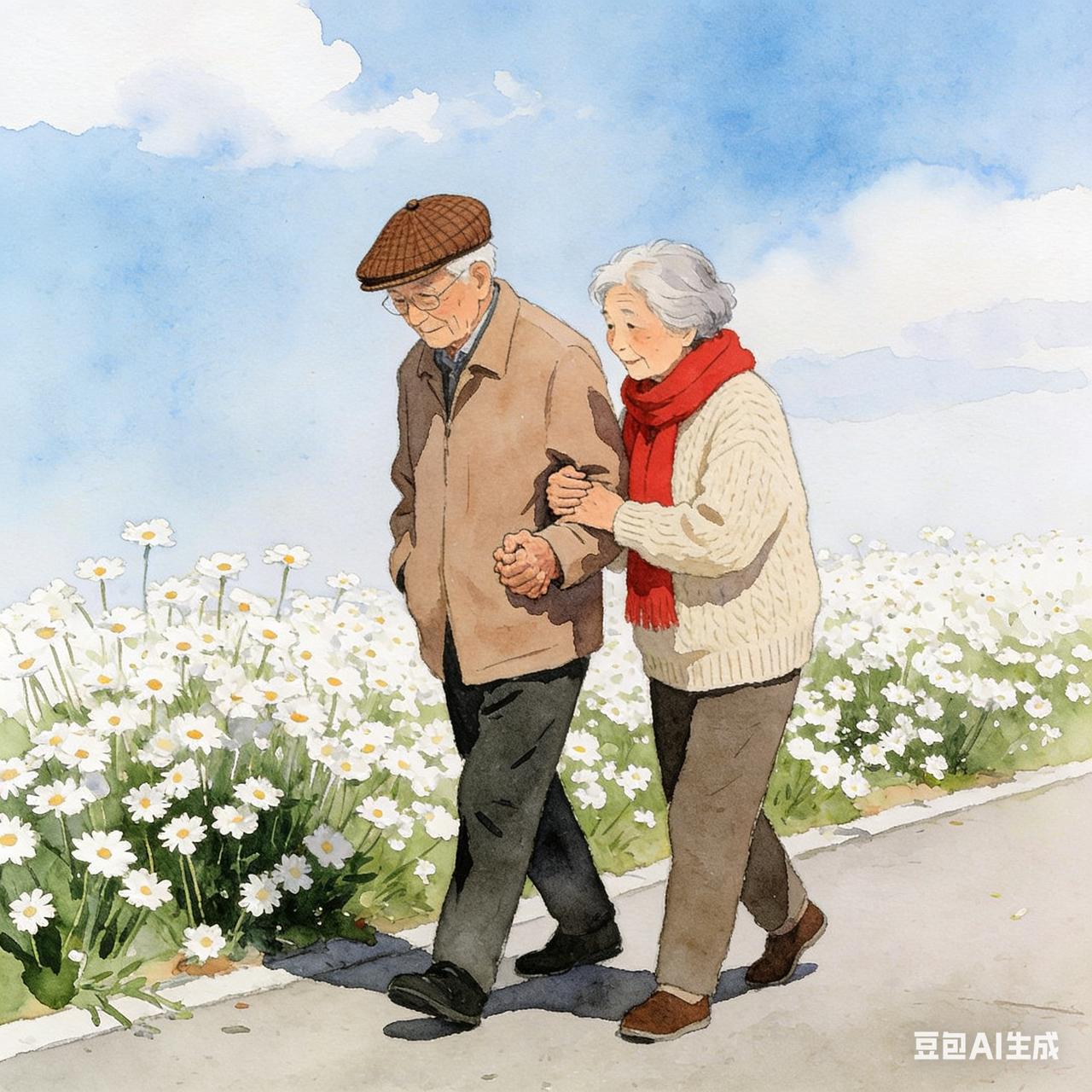 我的前面是一对老年夫妻，走路不利索，两夫妻互相搀扶着。

男的颤颤巍巍，女的一直
