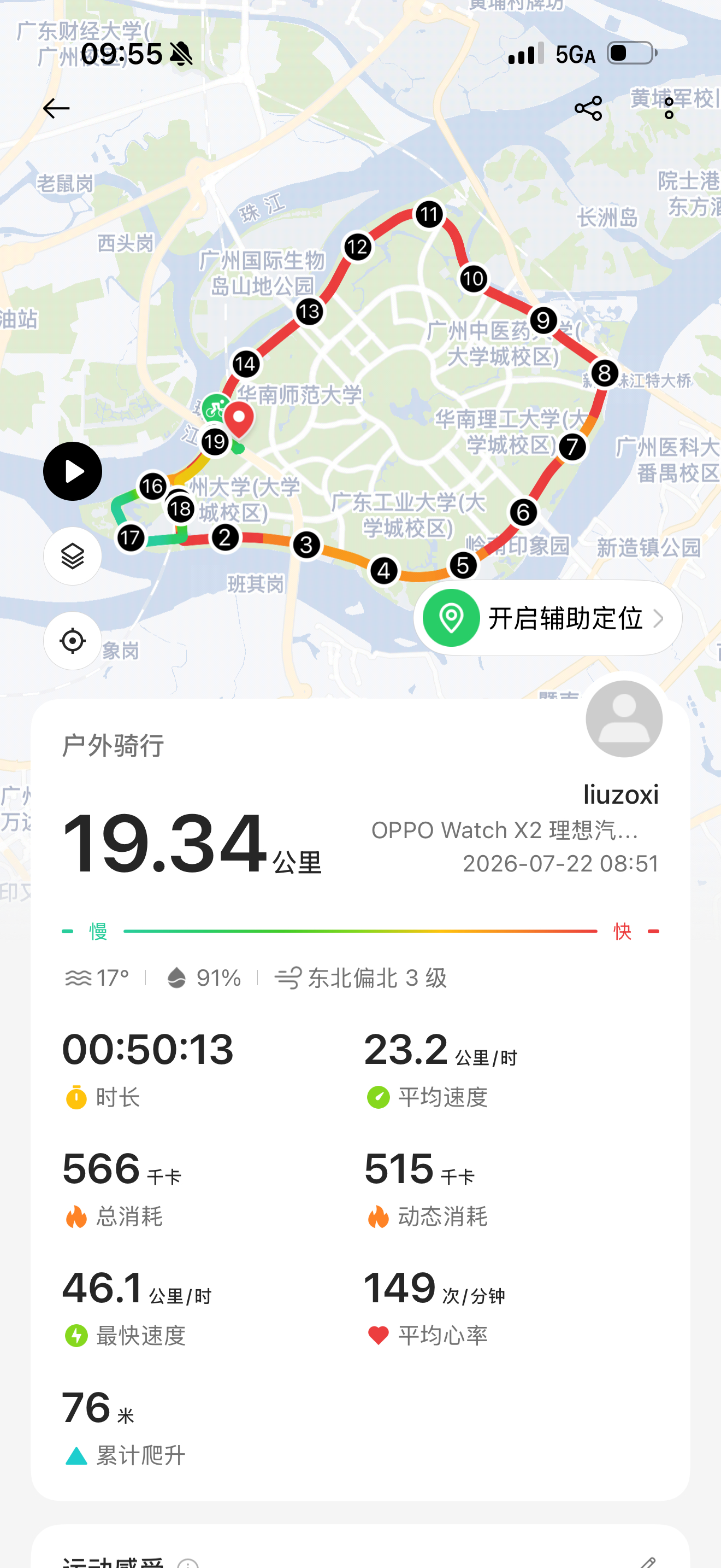 绕大学城骑车有点儿晒，下次还是去山里骑车吧，骑行 20km，回公司洗澡开工