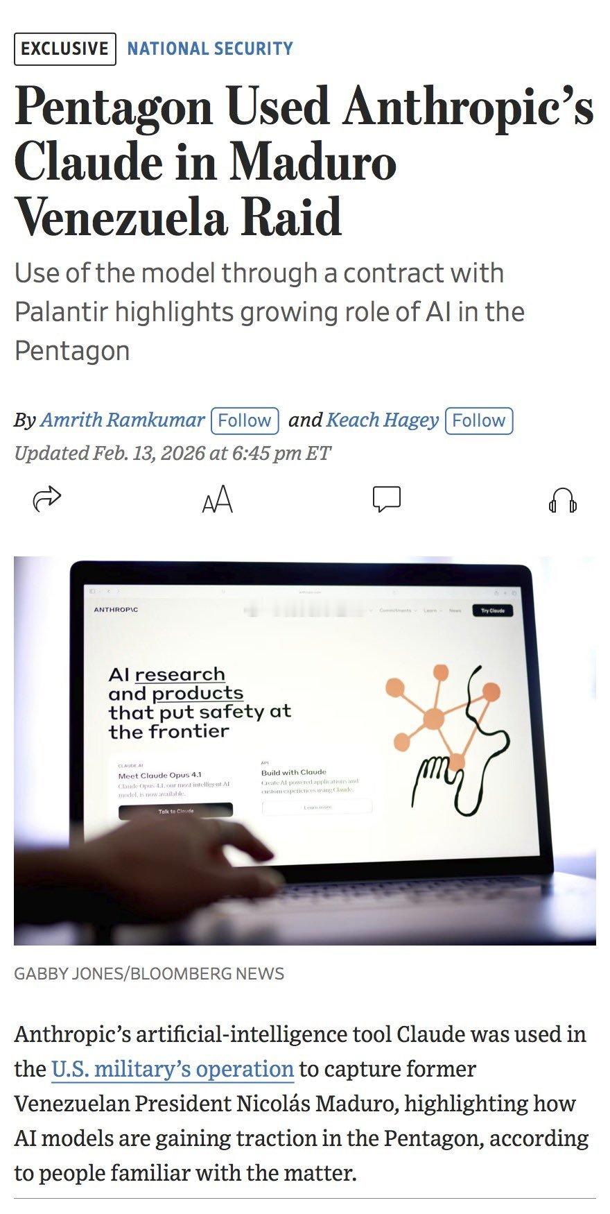 据《华尔街日报》报道，美国军方在一次秘密行动中使用了Anthropic开发的AI