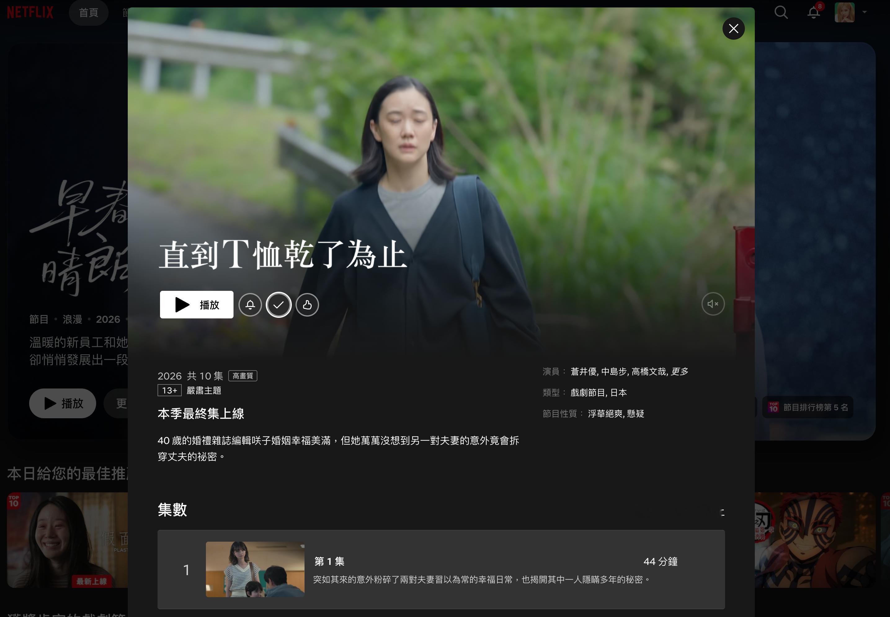 好久没看日剧了，《直到T恤干透》真好看，刻画的很细腻。 ​​​