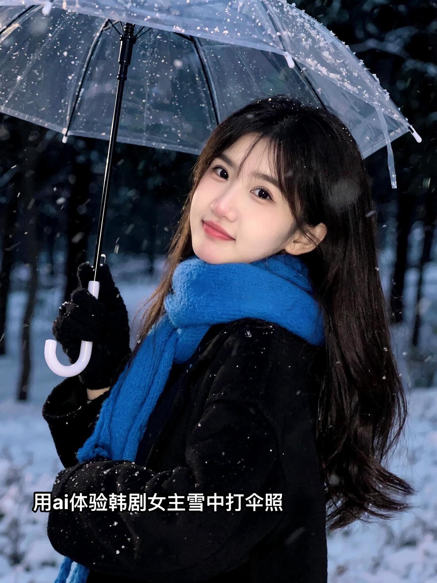 用ai体验韩剧女主雪地打伞照。