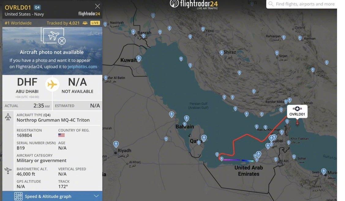 近日根据飞行追踪数据显示，一架美军的MQ-4C无人侦察机从阿联酋的基地起飞，贴着