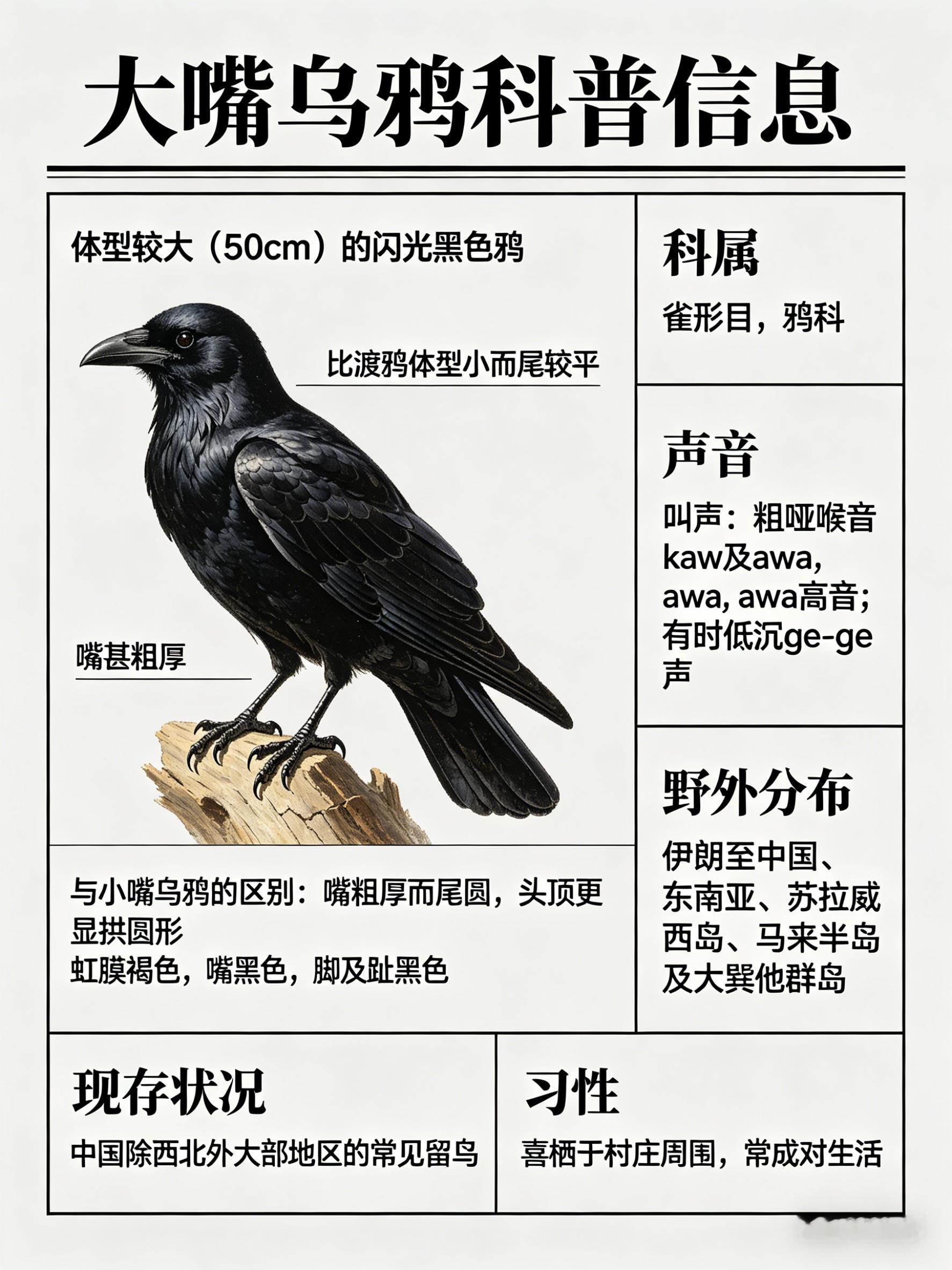 鸟类朋友图鉴 大嘴乌鸦·科属：雀形目，鸦科。·外形特征：体型较大（50cm）的闪