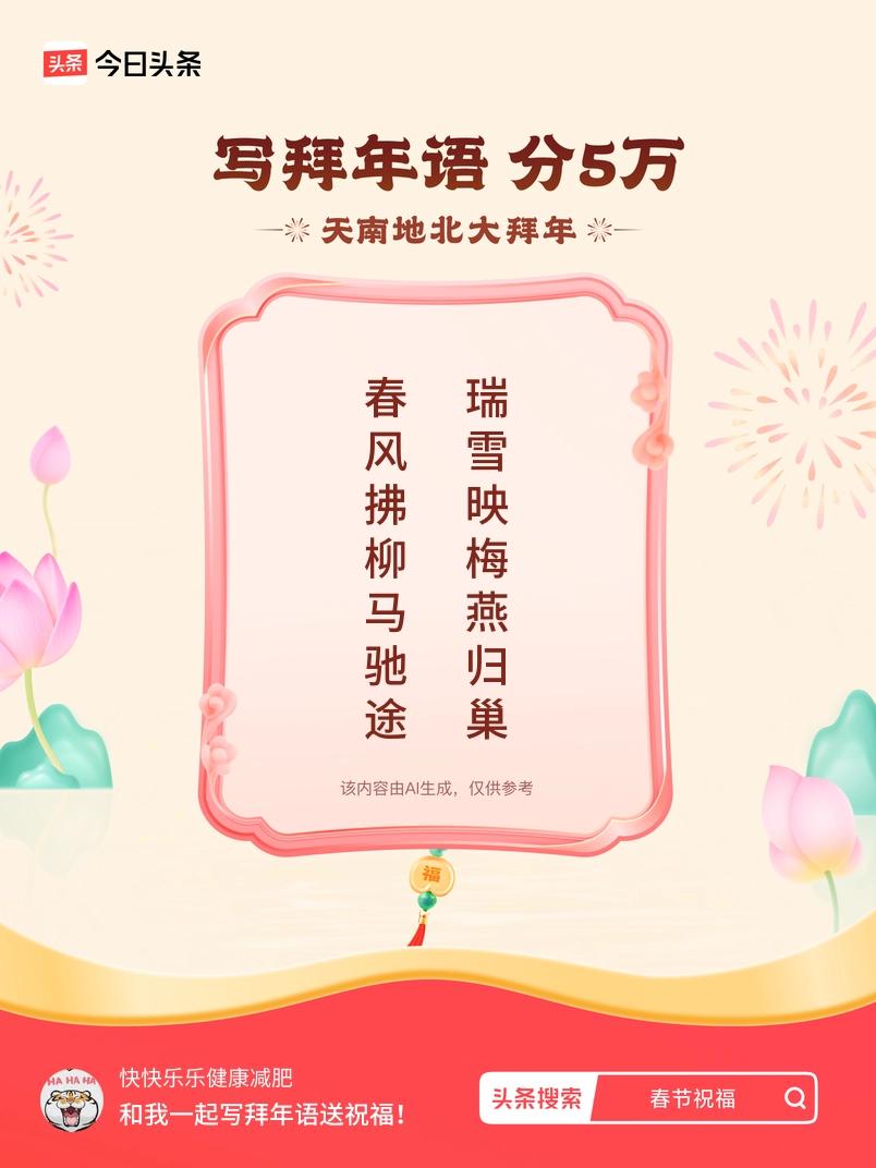 写拜年语送祝福新春拜年送祝福！我的祝福是：“春风拂柳马驰途，瑞雪映梅燕归巢”！快