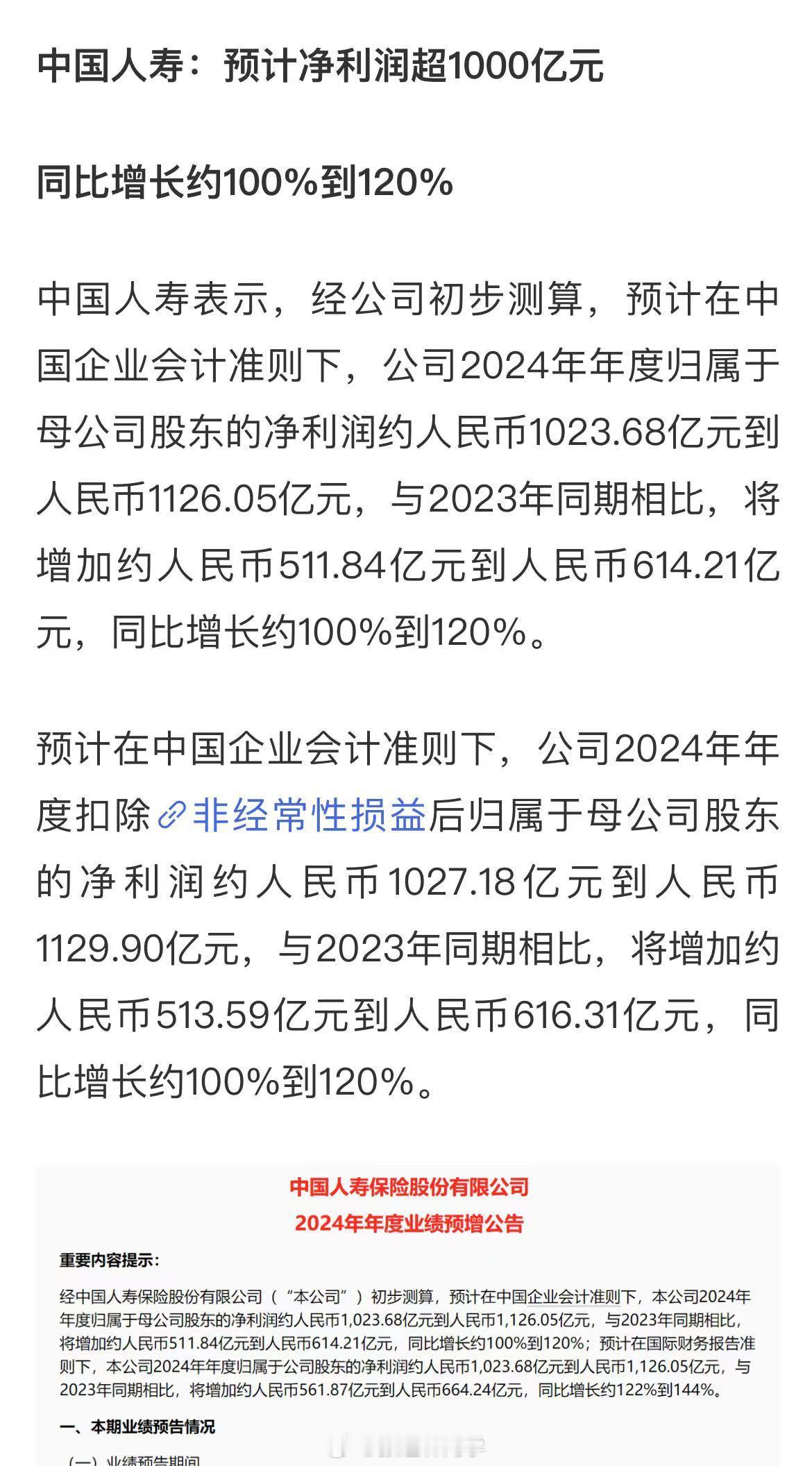 险资炒A股赚爆了！中国人寿发布年报预告，2024年中国人寿赚超1000亿元，比2