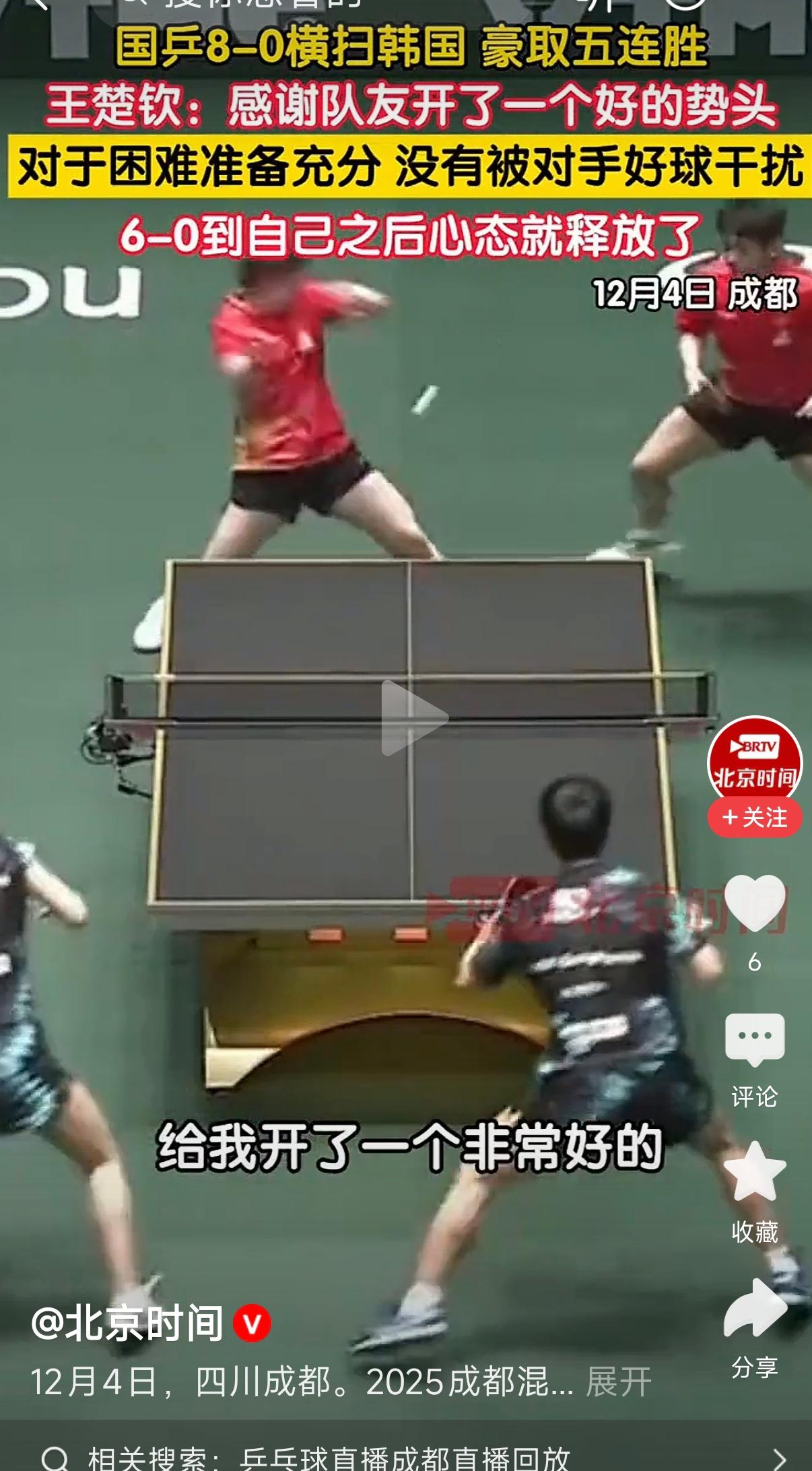 王楚钦：感谢队友开了好的势头
        王楚钦在2025成都混团世界杯第二