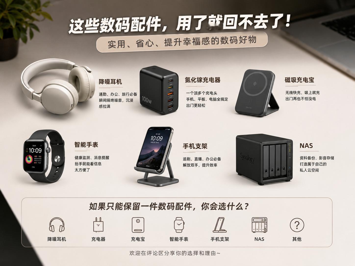 对我来说，降噪耳机绝对排第一，通勤、办公、坐飞机都离不开；其次是氮化镓充电器，一