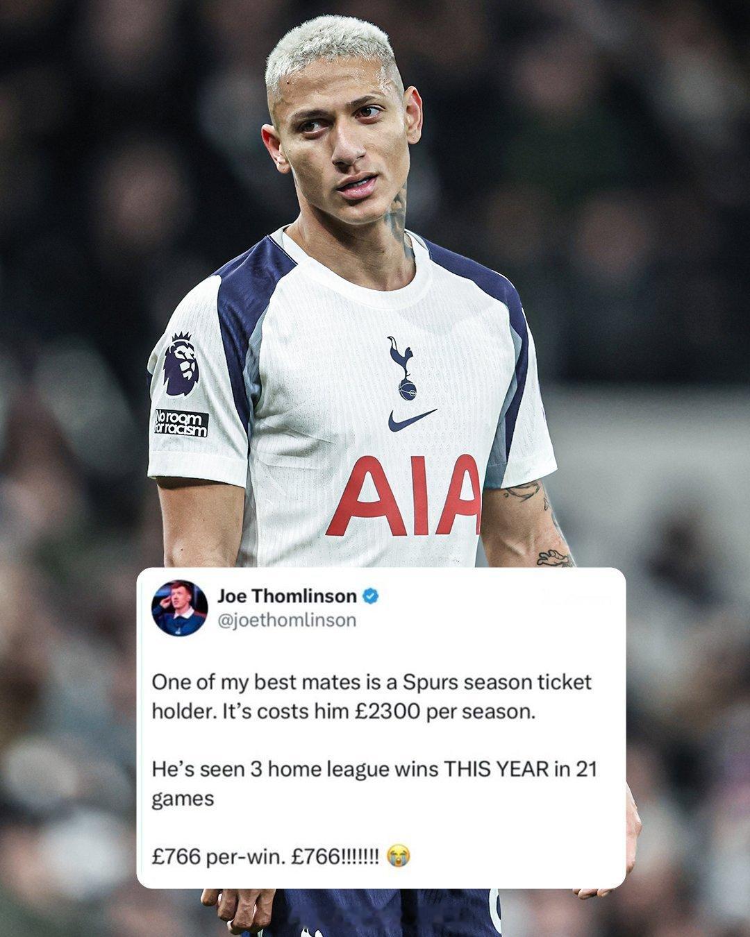 【来自热刺球迷的吐槽】一位名叫汤姆林森的英国网友发文：“我其中一位最好的朋友，是
