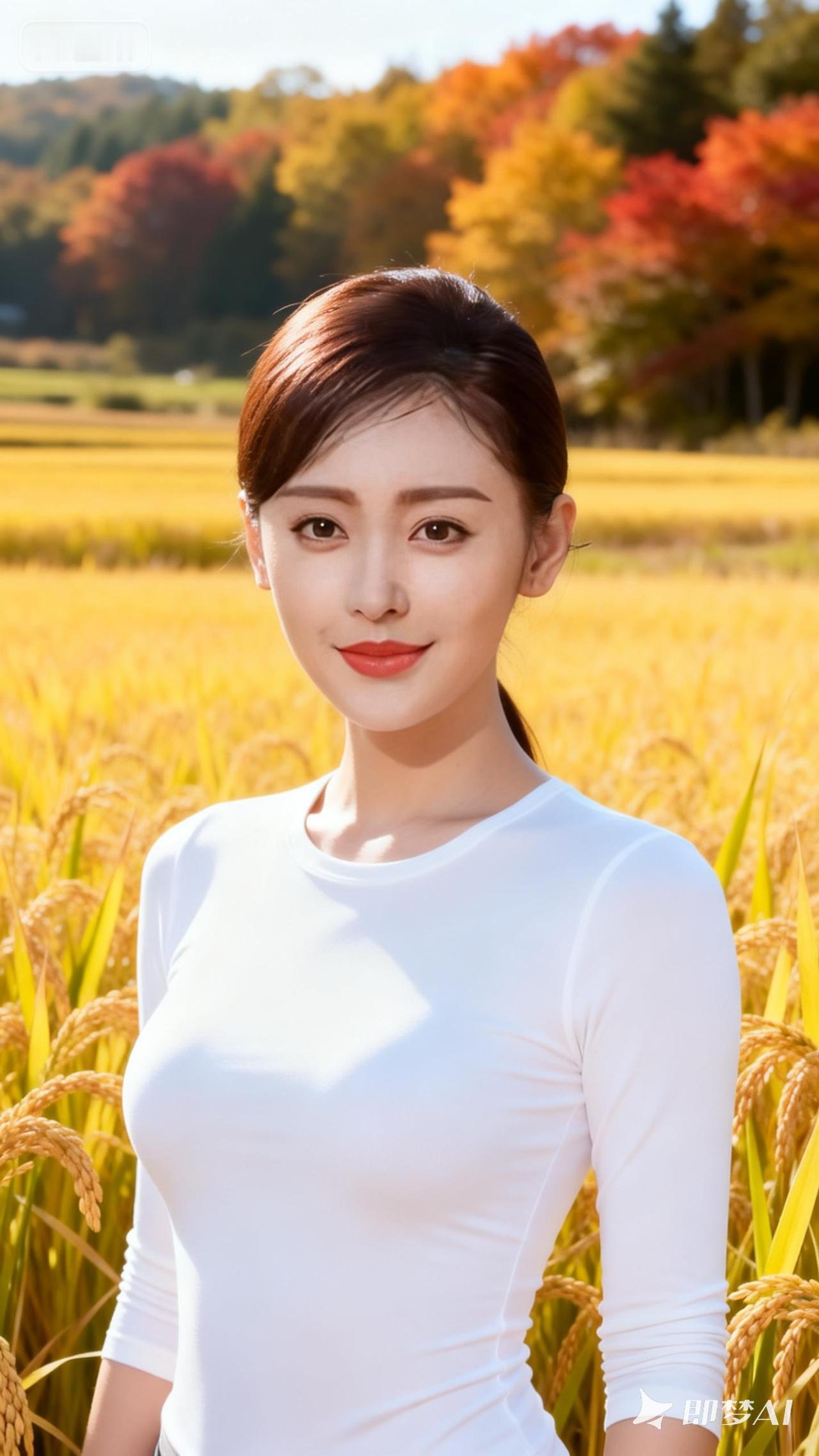 秋日田野中的甜美少女，金色稻田与红叶相映成趣。