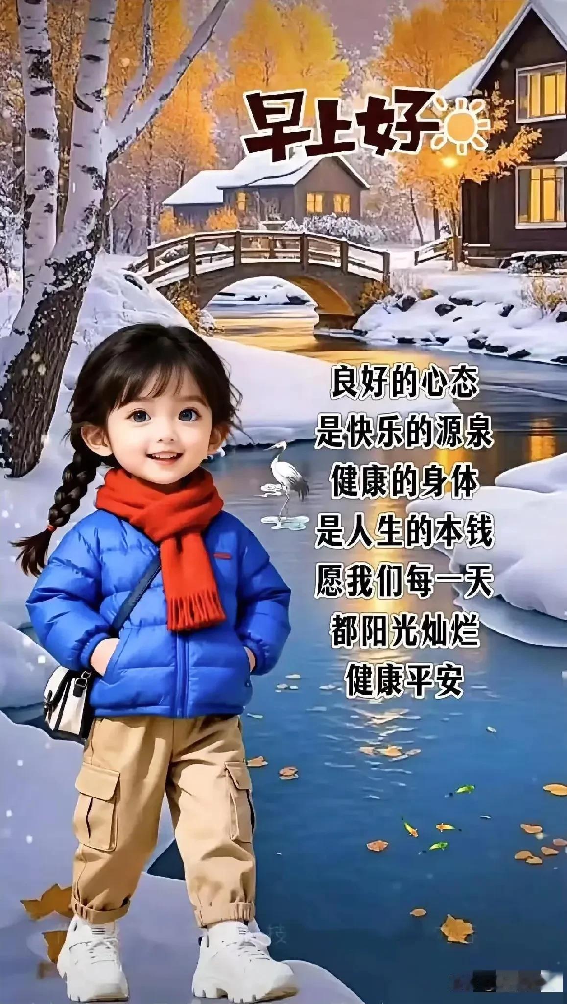 小妹妹在雪景中笑得好开心。