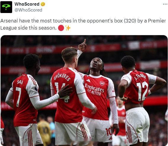 本赛季英超联赛中，阿森纳在对方禁区内的触球次数最多（320次） 金秋观赛季 阿森