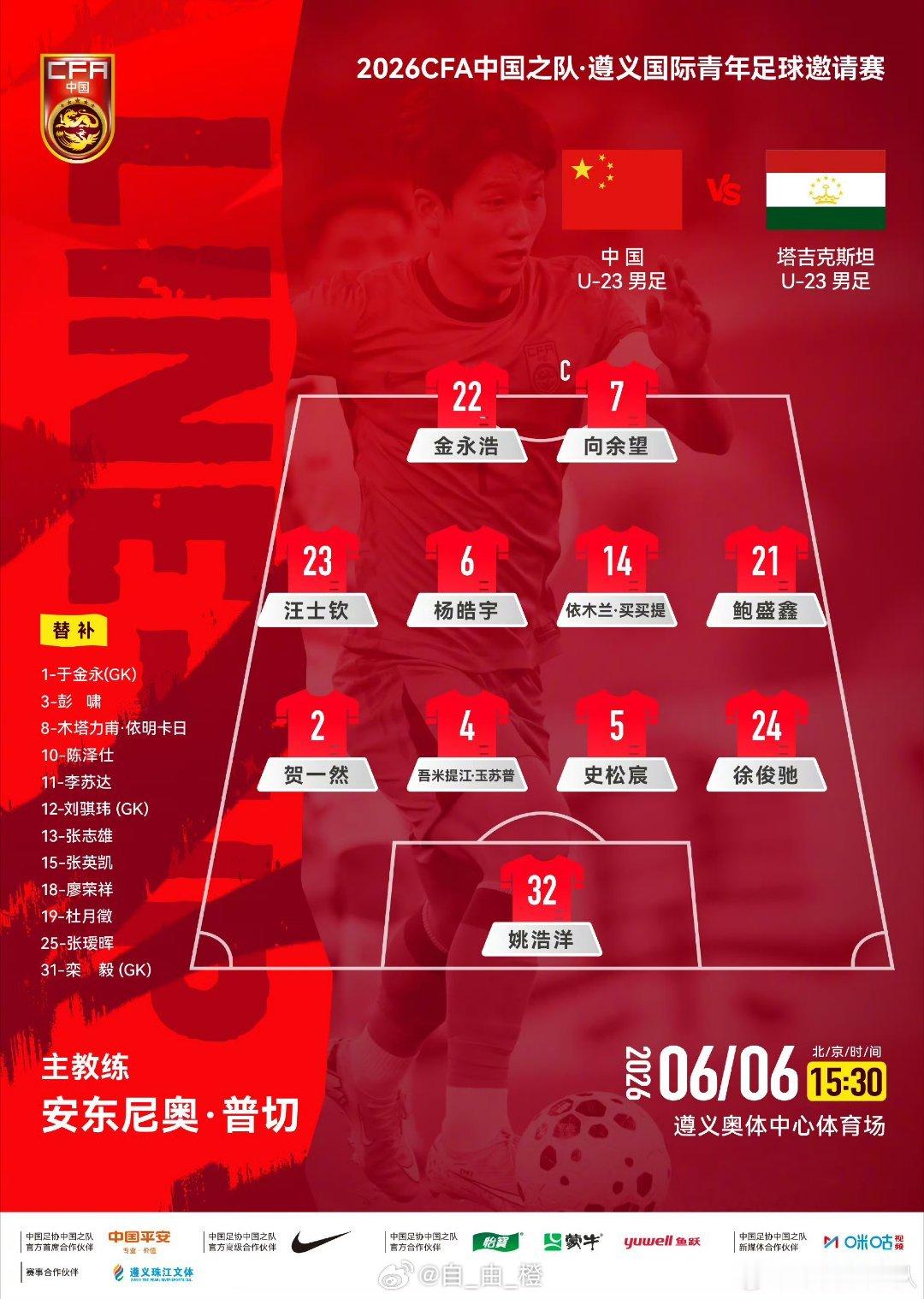 中国U23VS塔吉克斯坦U23，首发阵容出炉，泰山队史松宸、依木兰首发，彭啸、陈