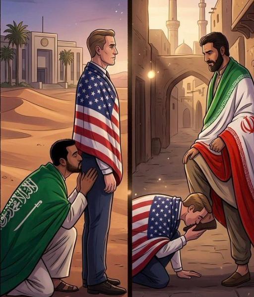 美伊达成停火两周后，伊朗支持者发出了一张讽刺沙特的图片。这张图片在社交媒体上大量