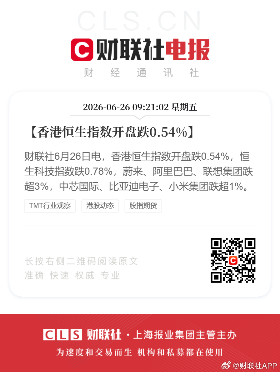 【香港恒生指数开盘跌0.54%】财联社6月26日电，香港恒生指数开盘跌0.54%