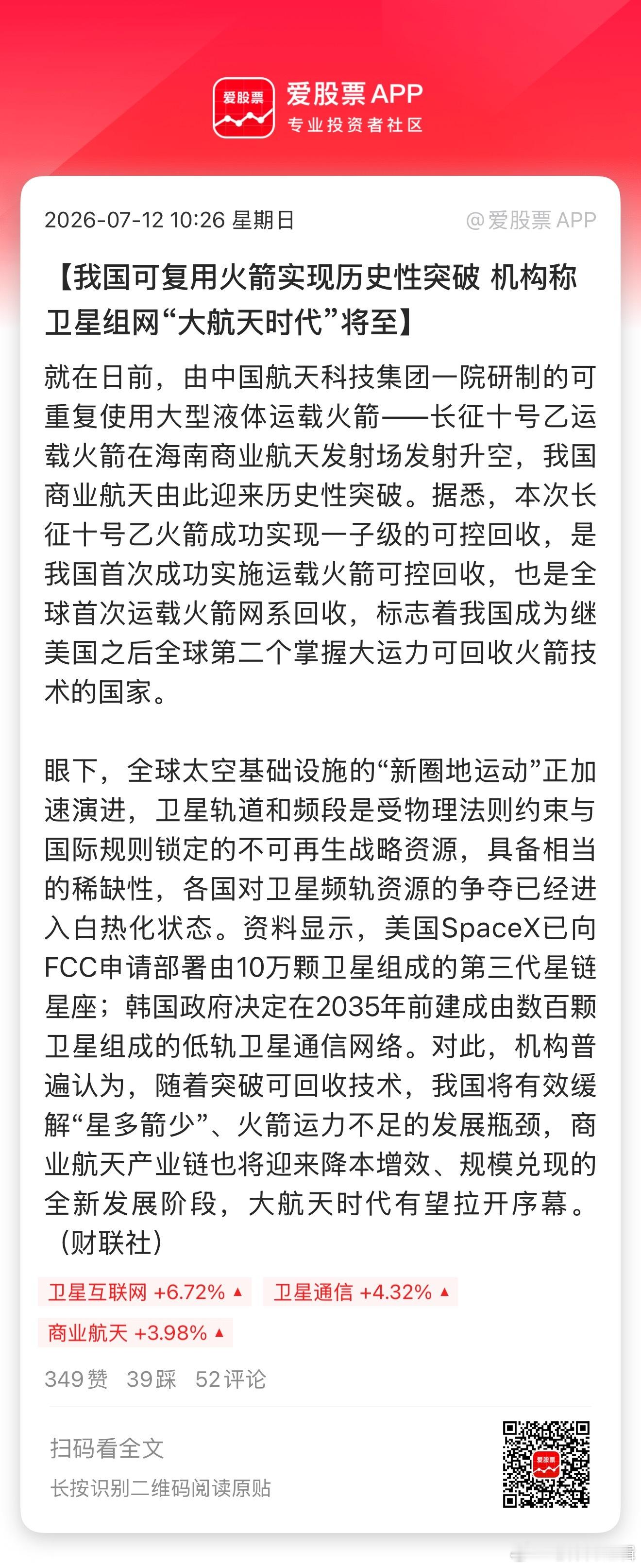 周末热度最高的是商业航天，周五长征十号乙运载火箭成功回收，这事儿继续发酵了！比如