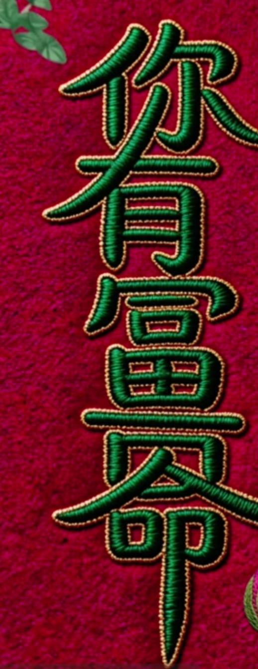 这红色背景上的字好显眼！刺绣的这几个字非常漂亮，读出来更有福气。大声读出来。[作