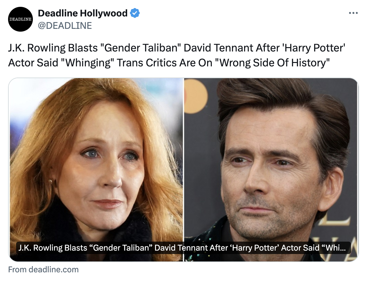 J.K.罗琳炮轰David Tennant：起因是在近期英国LGBT奖颁奖典礼上