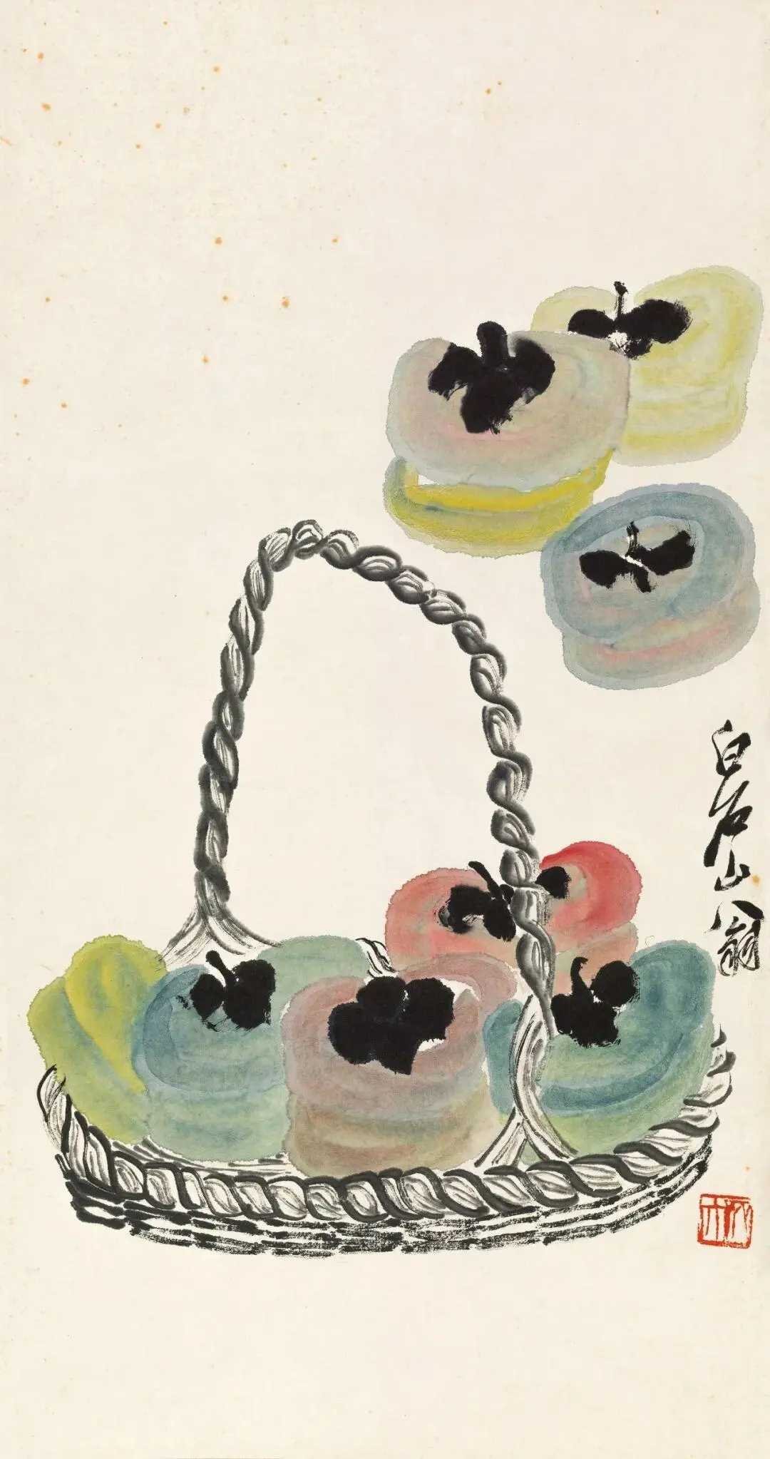 齐白石《事事如意》设色纸本 68×33.5 cm。齐白石绘柿子，时有见之，此作尤