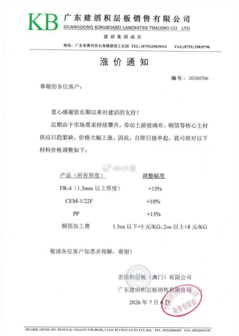 建滔年内第七次发布PCB涨价函：2026年7月6日，广东建滔积层板再次发布涨价函