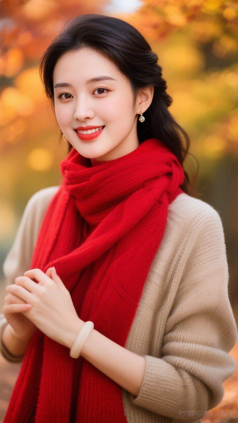 秋光里的红围巾
 
风裹着桂香漫过肩头时，她正拢紧那抹鲜明的红。驼色毛衣软得像午