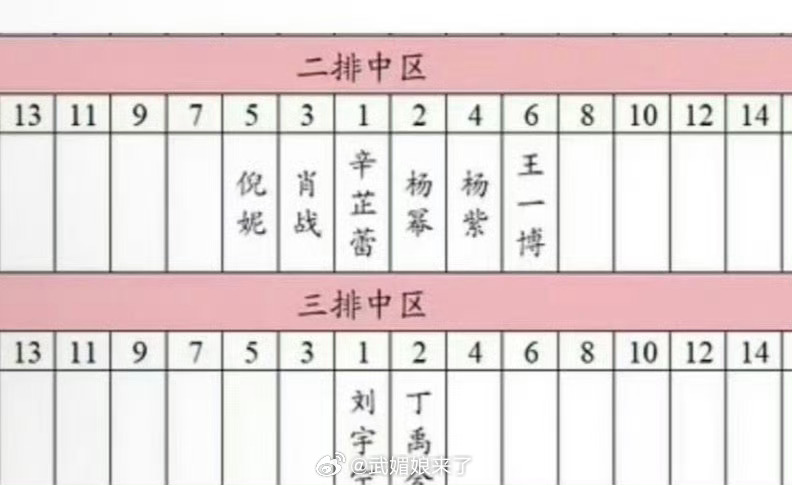 微博之夜内场座位图，目前只有辛芷蕾 杨幂 肖战 杨紫 倪妮 王一博  刘宇宁 丁