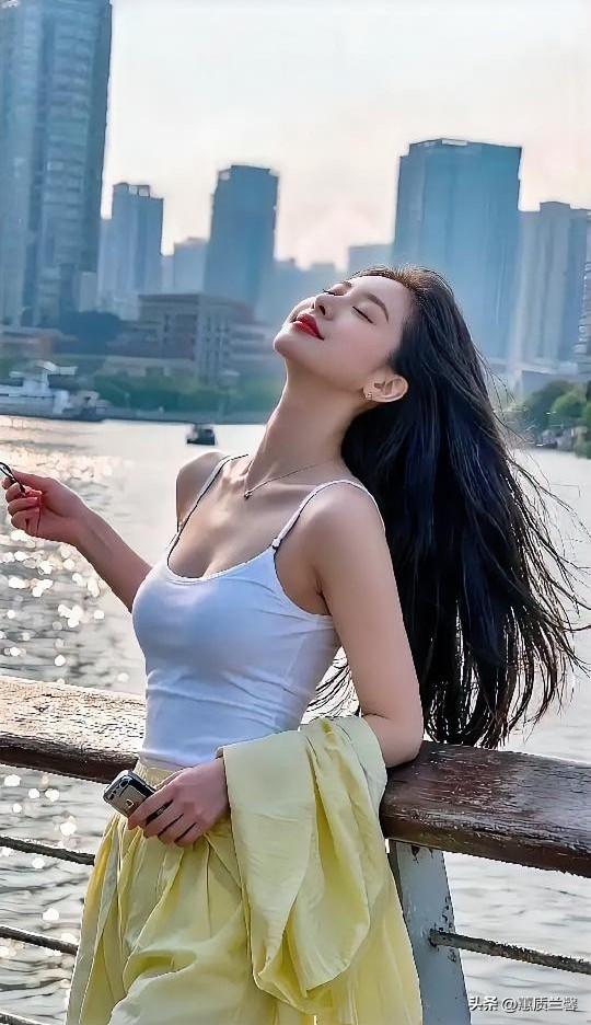 女孩靠在栏杆上，享受河边的微风和城市的喧嚣。
仰头舒展之美女