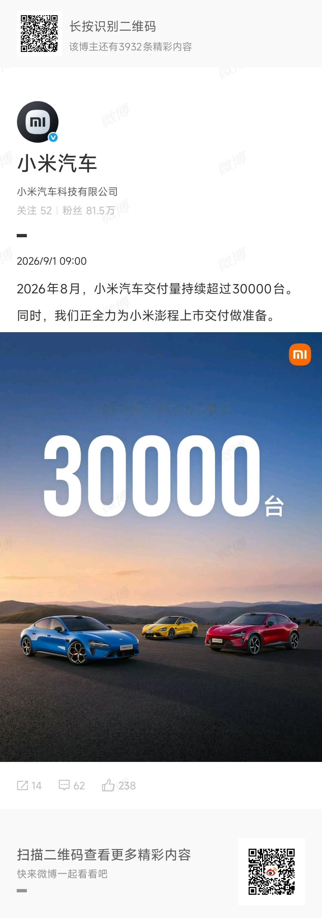 小米澎程 能做到月均5w吗，拭目以待～小米汽车[超话] ​​​