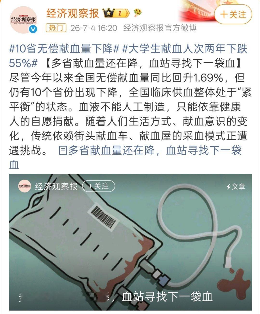 10省无偿献血量下降全国高校大学生献血人次从2023年的236.6万下降至202