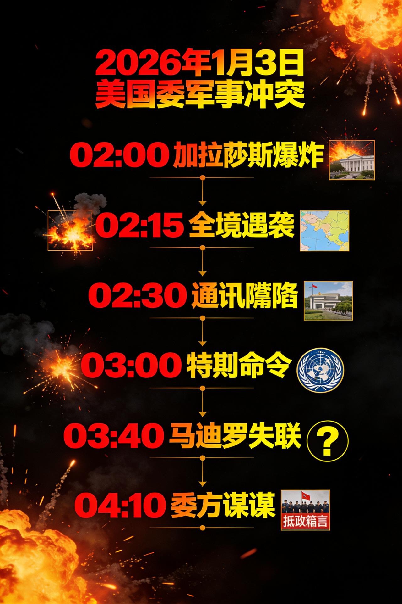 6小时惊魂！特朗普夜炸委内瑞拉，6个生死节点改写拉美命运
 
2026年1月3日