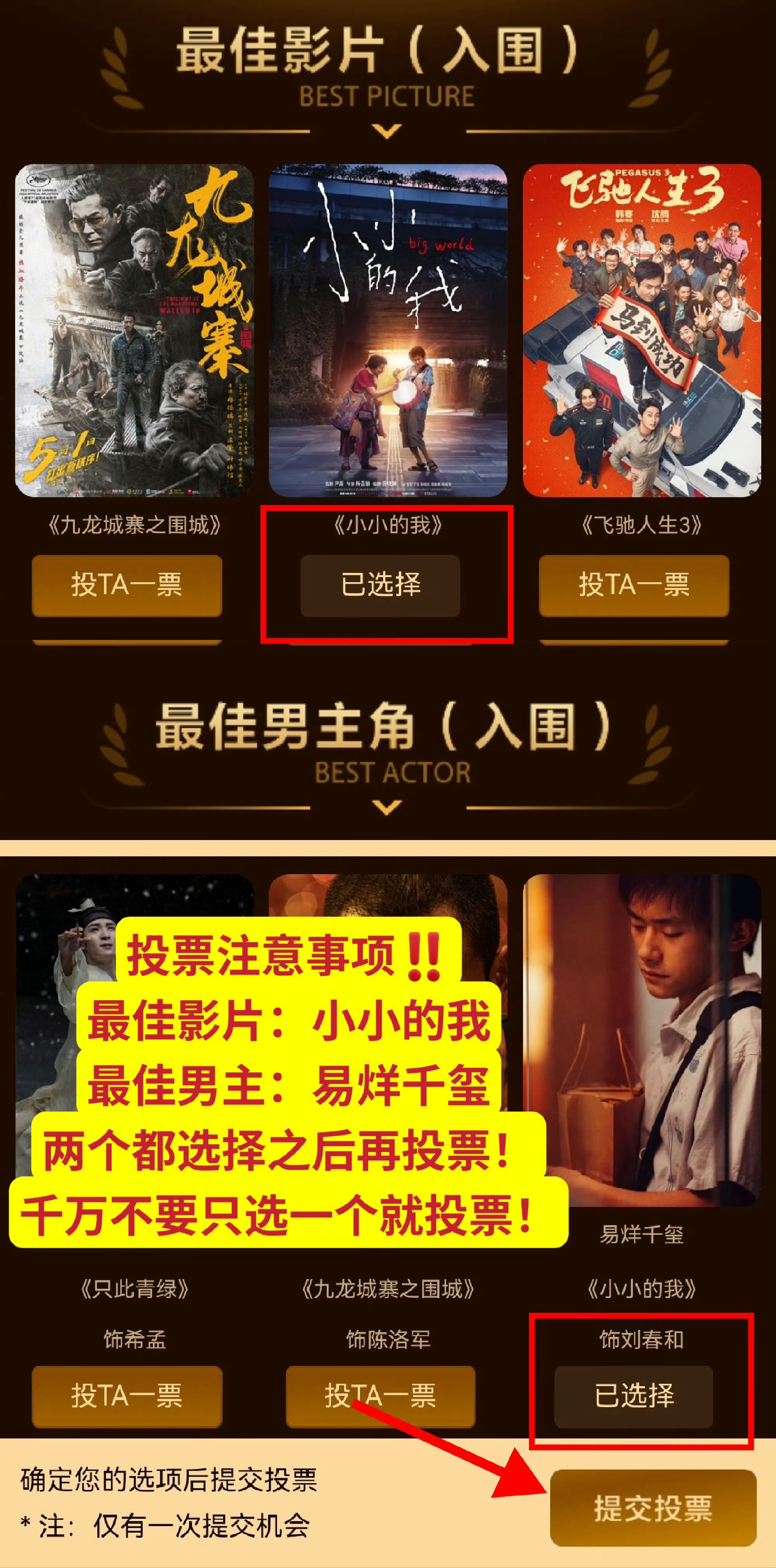 复制铺超扩散百花投票，最佳影片《小小的我》+最佳男主（易烊千玺，小小的我），其他