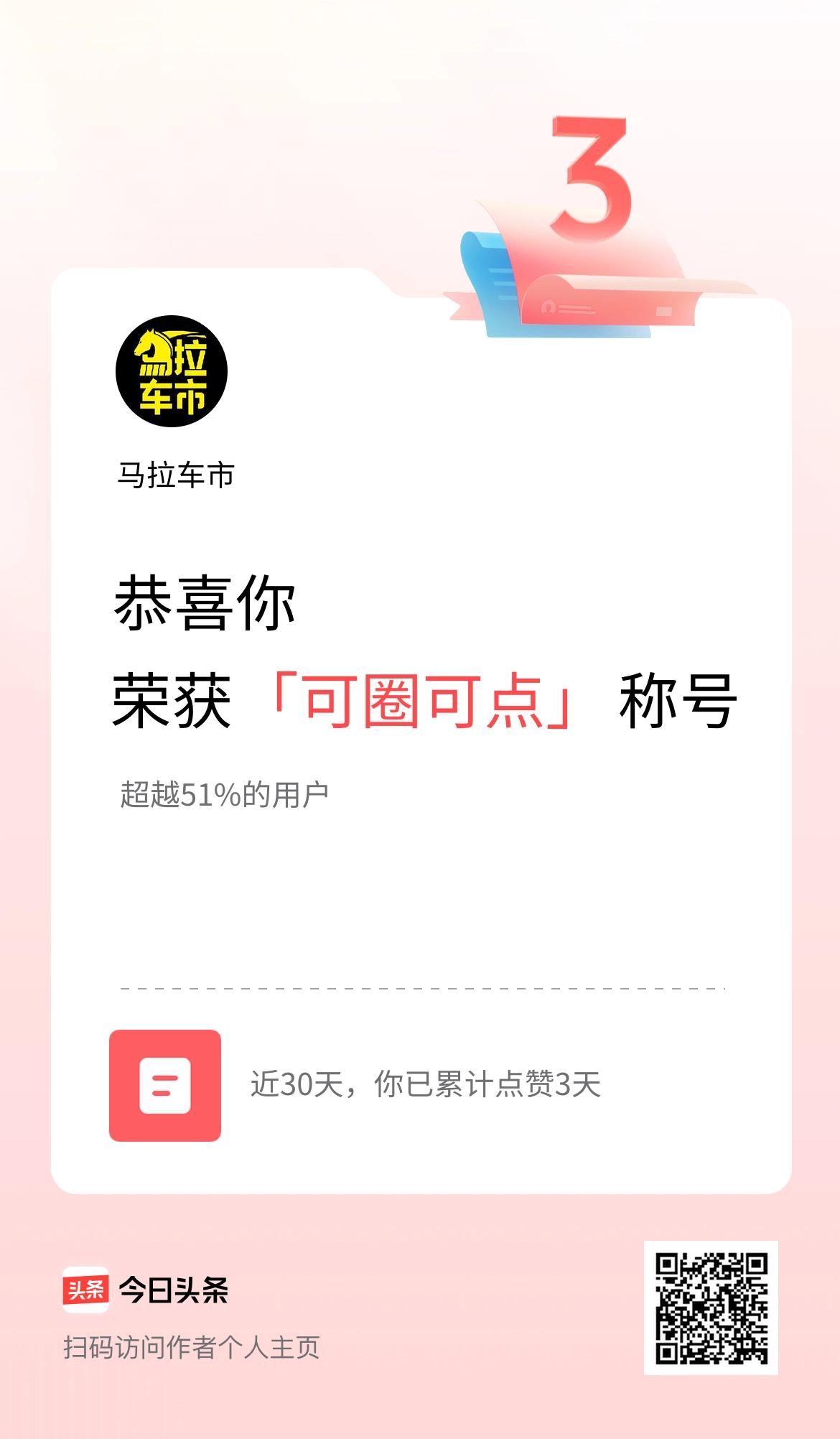 我在头条30天内点赞打卡3天，获得“可圈可点”称号