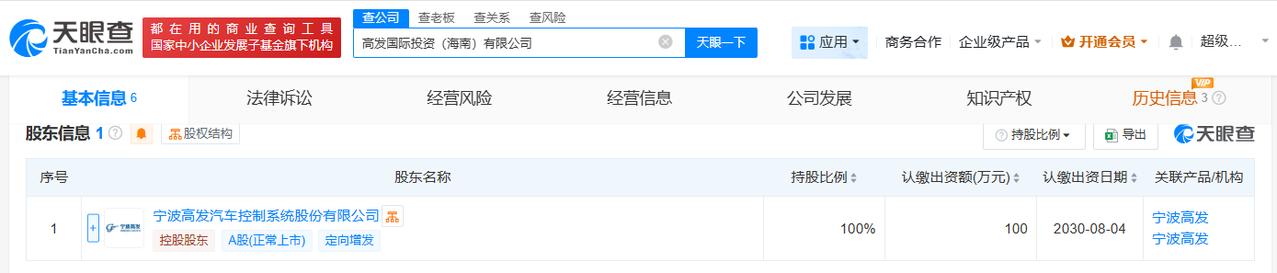 注册资本100万
天眼查App显示，近日，高发国际投资（海南）有限公司成立，法定