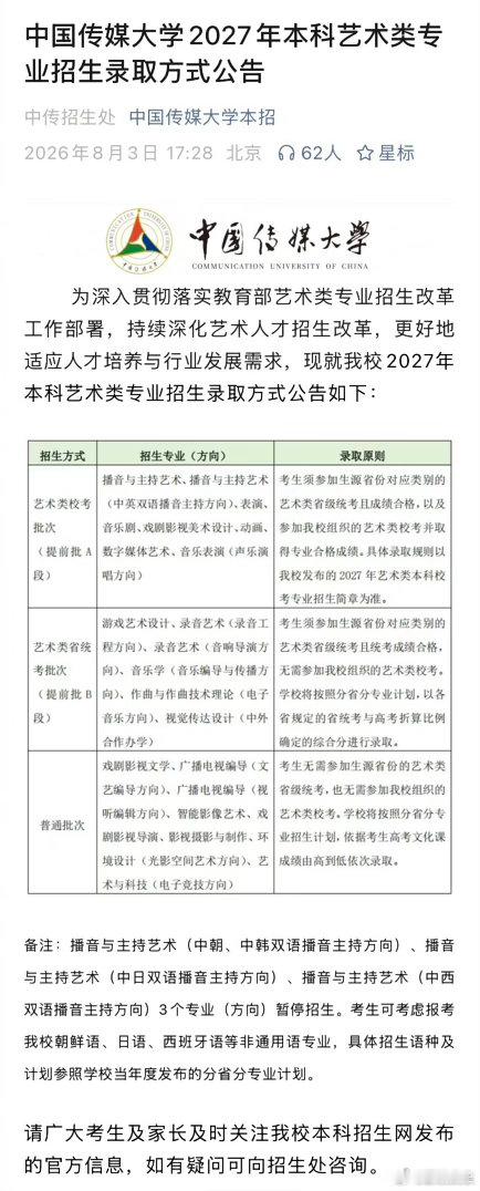 中传 取消艺考艺考、特长生一直是可以投机取巧的方式，现在看要堵上了，文艺工作者没