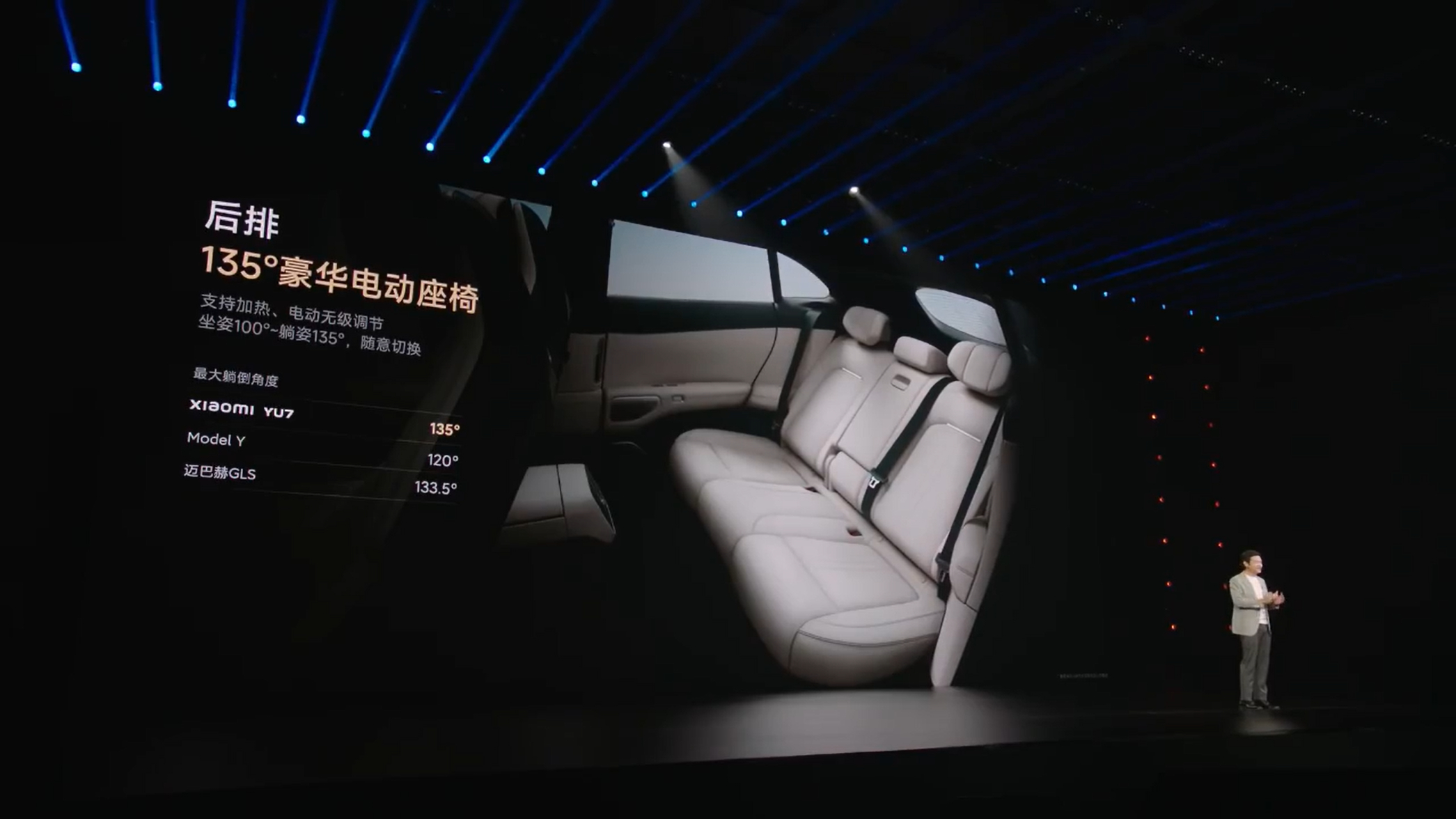 小米 YU7 后排座椅躺倒角度，比奔驰迈巴赫多1°。后排头枕，比 Model Y