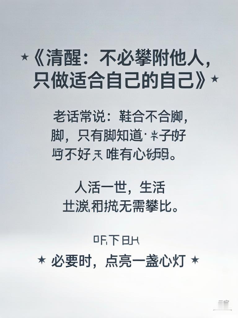 ✨ 《清醒：不必攀附他人，只做适合自己的自己》 ✨

老话常说：鞋合不合脚，只有