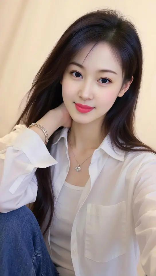 笑容甜美，白衬衫搭配牛仔裤，很清新哦简约衬衫配裤子 美不胜收🍀💝🌺