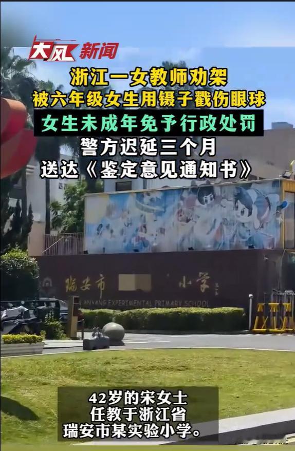浙江瑞安，某小学教师宋某在课间休息时，发现两名六年级学生打架，前去劝阻过程中，被