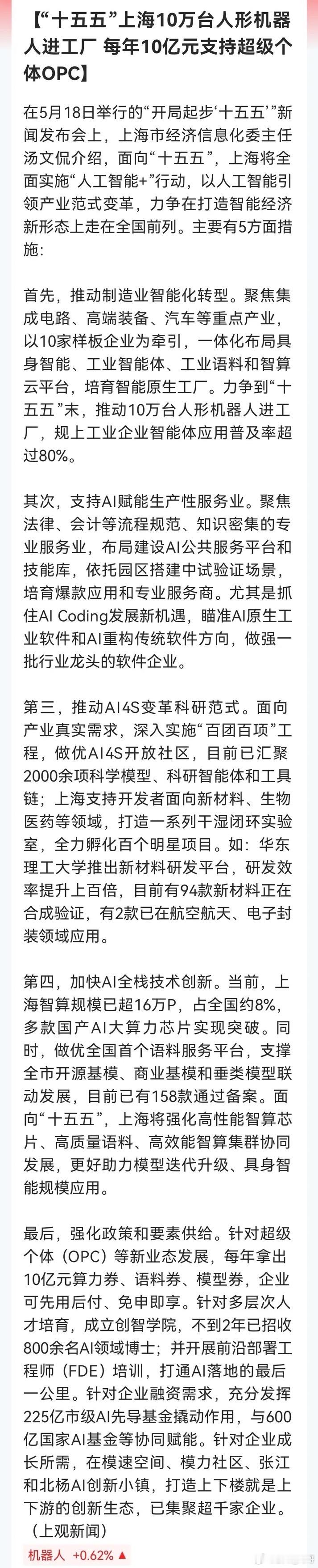 晚间人形机器人大消息！上海将全面实施“人工智能+”，10万台人形机器人将进工厂，