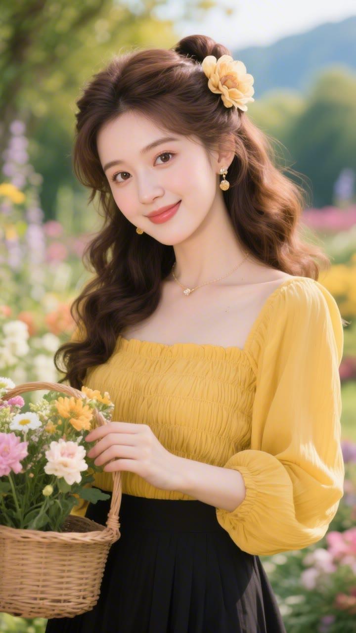 春日花海中的甜美少女，手捧花篮，笑靥如花。