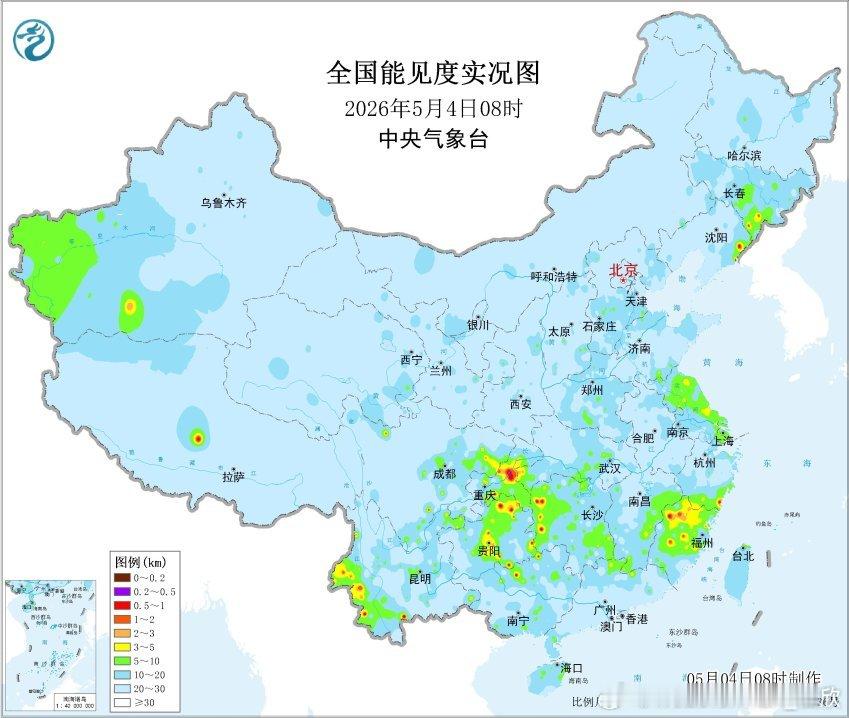 【雾和沙尘】今晨在降水过后，出现零散大雾。辽宁丹东能见度一度低于200米出现强浓