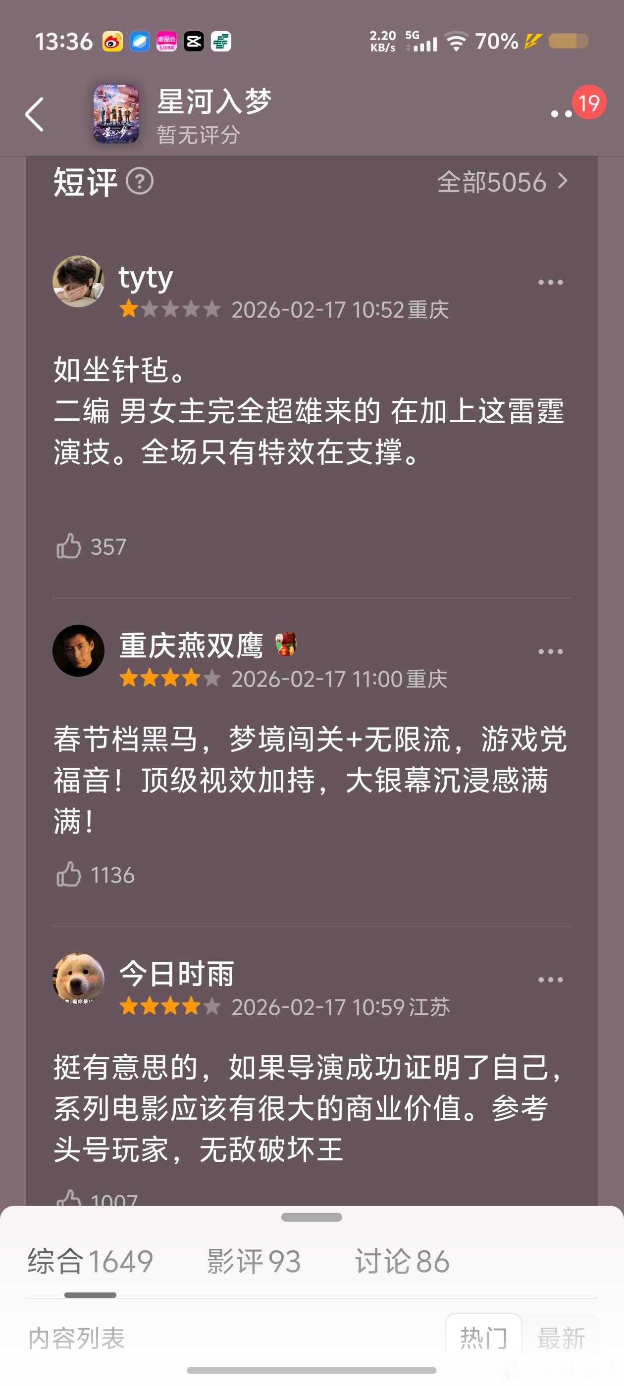 星河入梦倒是好评居多，但目前票房不高加上有流量，所以早上的反馈不一定能看出具体质