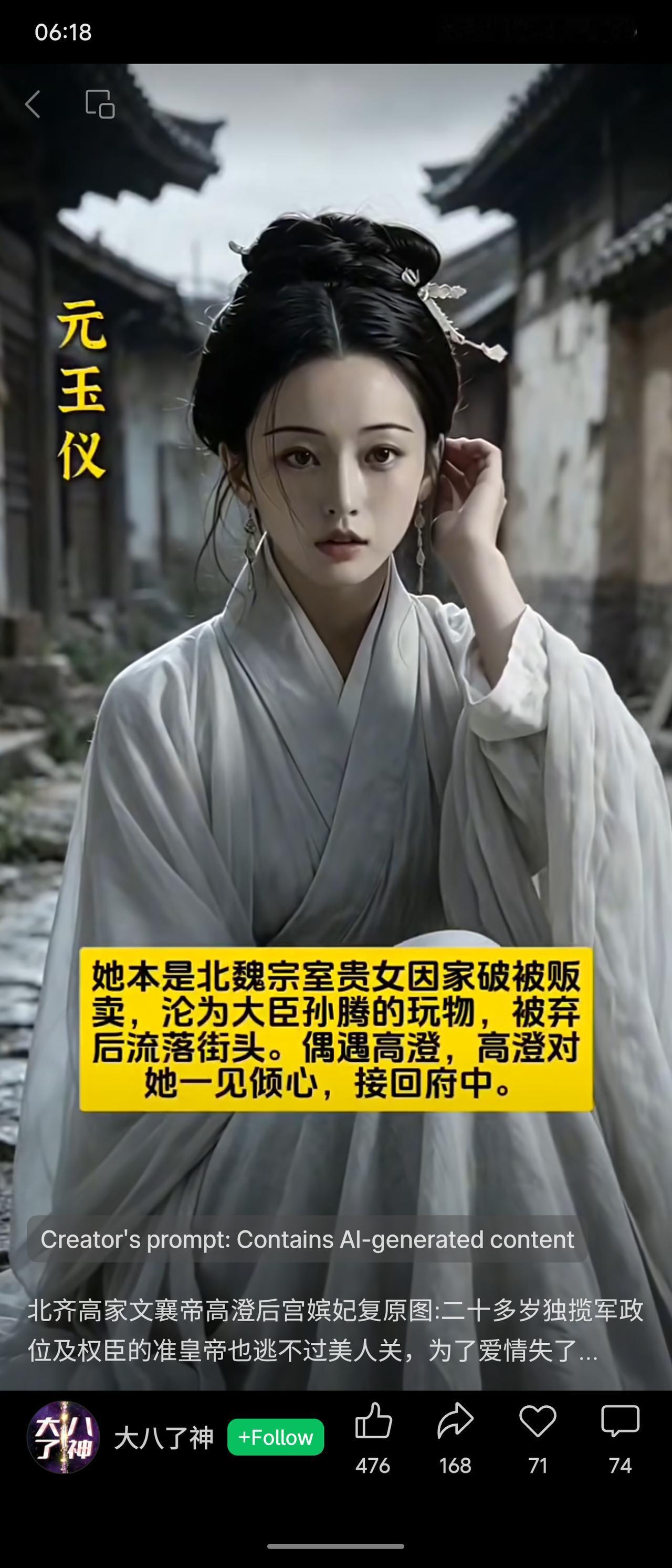 元玉仪本是北魏宗室贵女，因家破被贩卖为奴，沦为大臣孙腾的玩物，后被弃流落街头。高