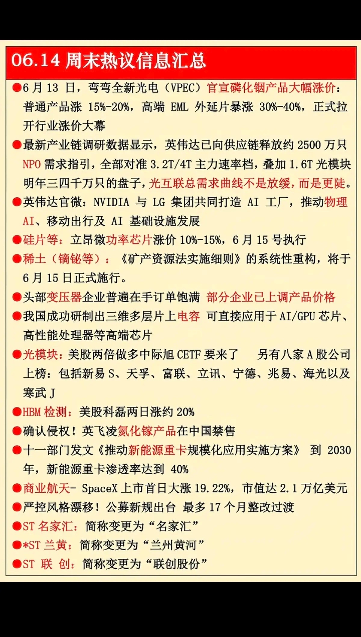 6.15周一 财经热点信息汇总！1.磷化铟产品涨价2.光互联3.物理AI4.变压