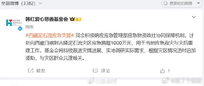 韩红基金会向西藏捐赠1000万元27日，发文表示 “计划向西藏日喀则吉隆泥石流灾