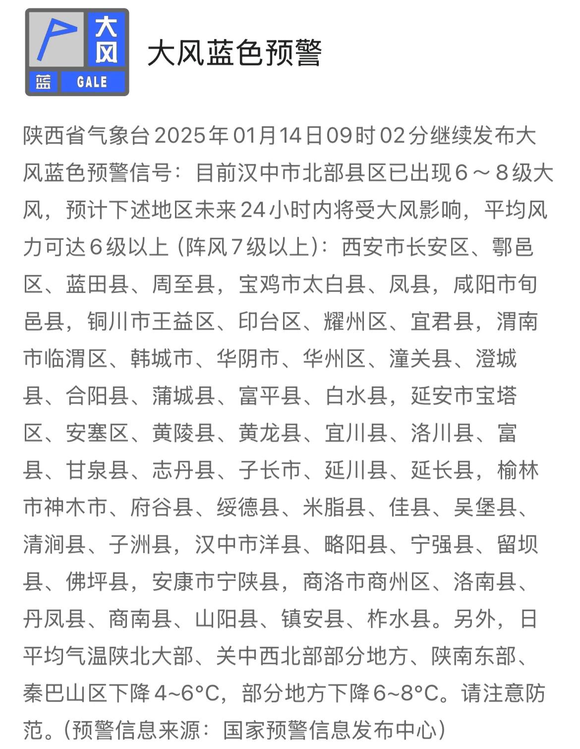 陕西省气象台继续发布大风蓝色预警信号